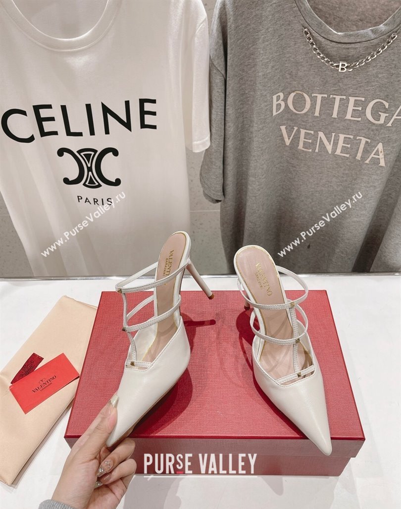 Valentino Rockstud Wispy Calfskin Leather Heel Mules 9cm White 2024 0429 (MD-240429144)