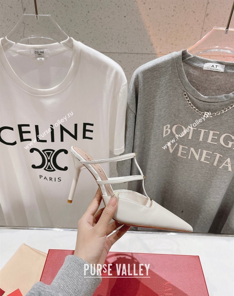 Valentino Rockstud Wispy Calfskin Leather Heel Mules 9cm White 2024 0429 (MD-240429144)