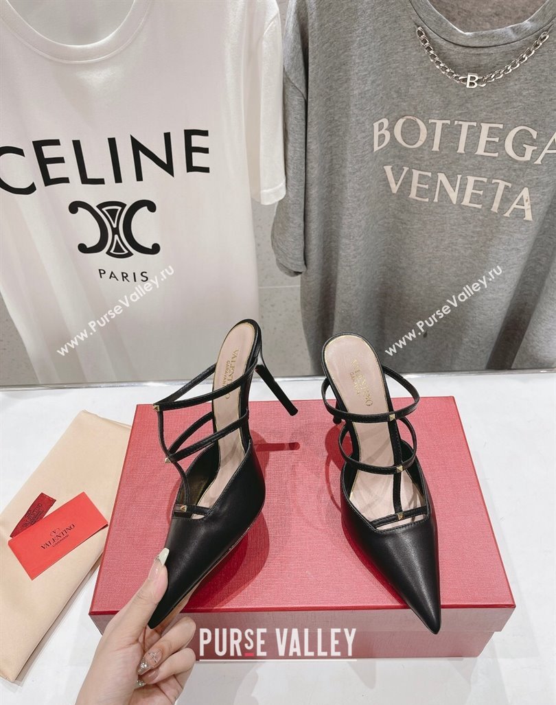 Valentino Rockstud Wispy Calfskin Leather Heel Mules 9cm Black 2024 0429 (MD-240429145)