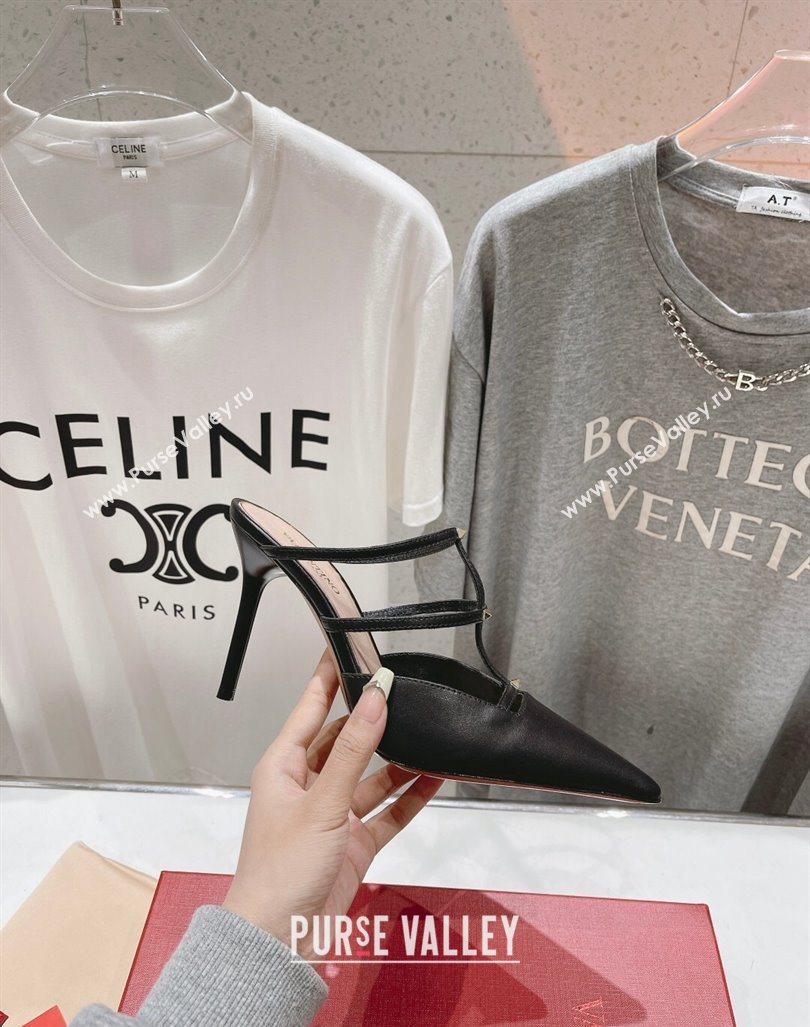 Valentino Rockstud Wispy Calfskin Leather Heel Mules 9cm Black 2024 0429 (MD-240429145)