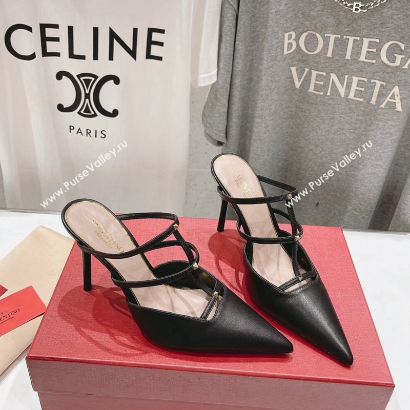 Valentino Rockstud Wispy Calfskin Leather Heel Mules 9cm Black 2024 0429 (MD-240429145)