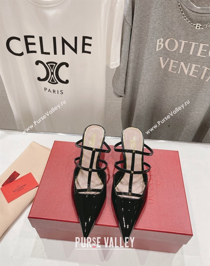 Valentino Rockstud Wispy Patent Calfskin Heel Mules 6cm Black 2024 0429 (MD-240429146)