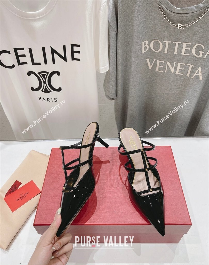 Valentino Rockstud Wispy Patent Calfskin Heel Mules 6cm Black 2024 0429 (MD-240429146)