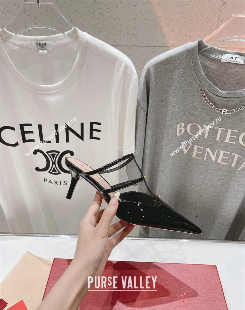 Valentino Rockstud Wispy Patent Calfskin Heel Mules 6cm Black 2024 0429 (MD-240429146)