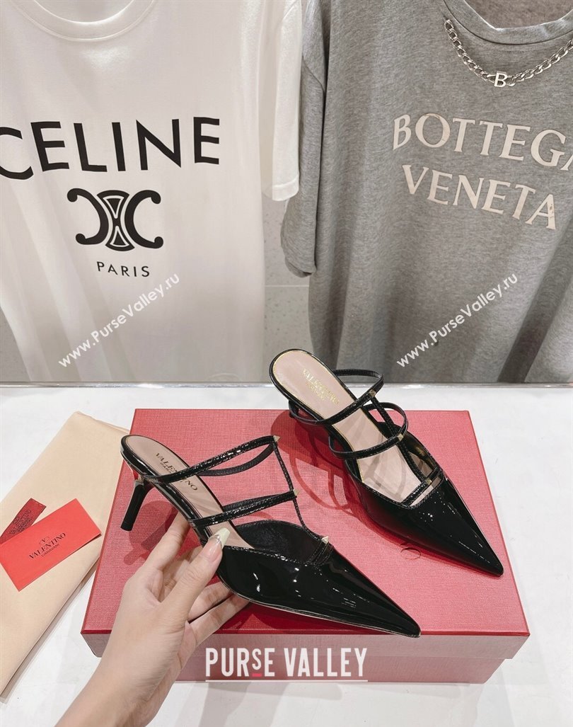 Valentino Rockstud Wispy Patent Calfskin Heel Mules 6cm Black 2024 0429 (MD-240429146)