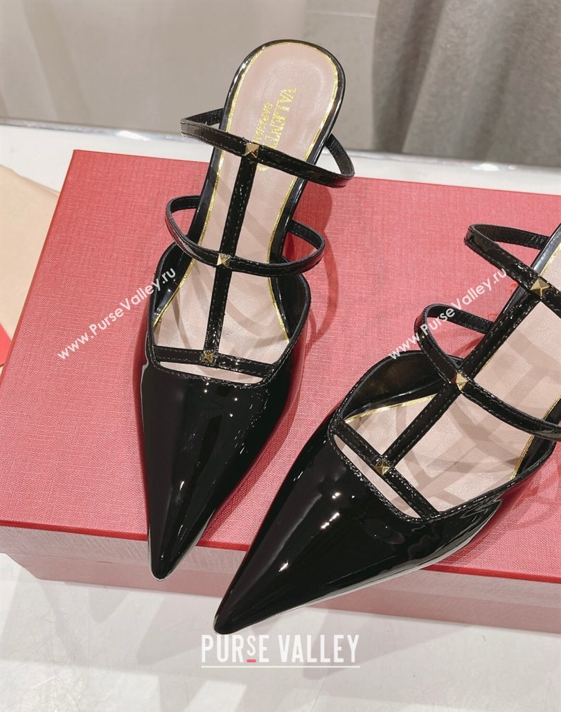 Valentino Rockstud Wispy Patent Calfskin Heel Mules 6cm Black 2024 0429 (MD-240429146)