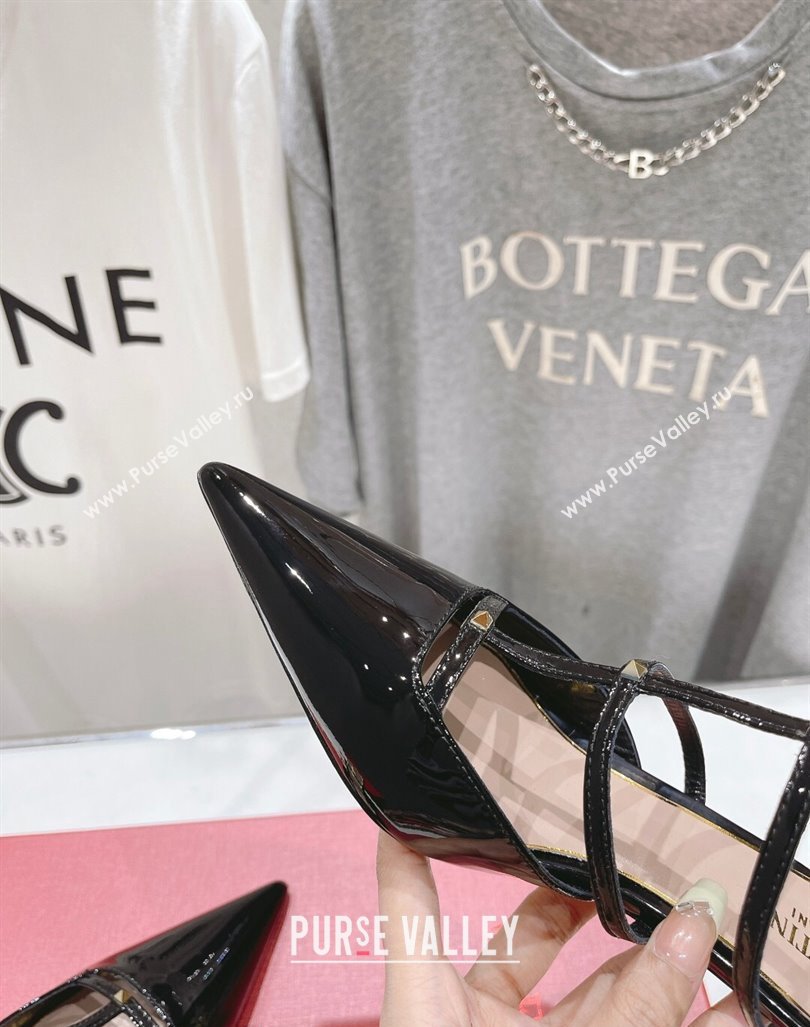 Valentino Rockstud Wispy Patent Calfskin Heel Mules 6cm Black 2024 0429 (MD-240429146)