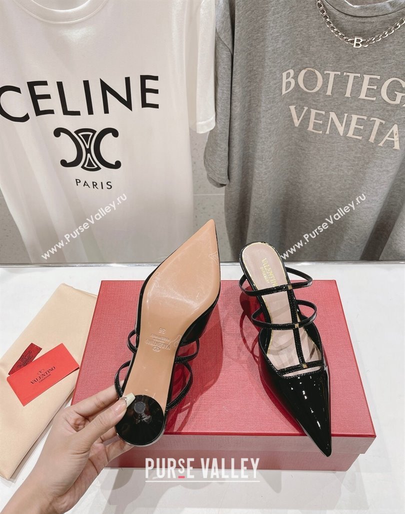 Valentino Rockstud Wispy Patent Calfskin Heel Mules 6cm Black 2024 0429 (MD-240429146)