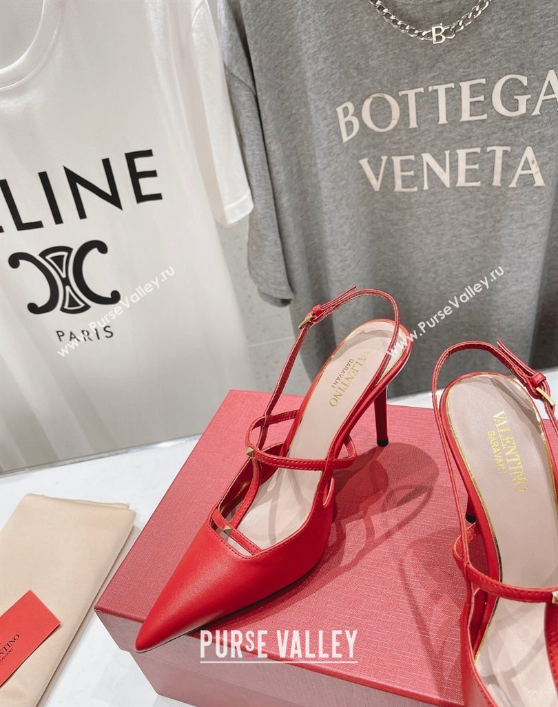 Valentino Rockstud Wispy Calfskin Leather Slingback Pumps 9cm Red 2024 0429 (MD-240429134)