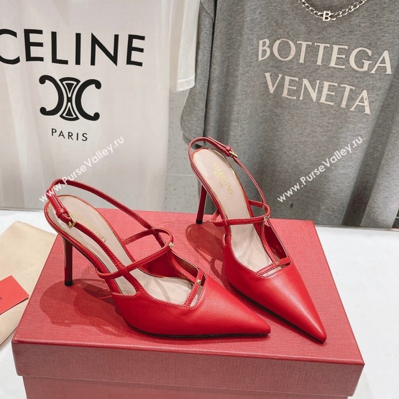 Valentino Rockstud Wispy Calfskin Leather Slingback Pumps 9cm Red 2024 0429 (MD-240429134)