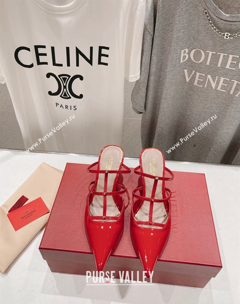 Valentino Rockstud Wispy Patent Calfskin Heel Mules 6cm Red 2024 0429 (MD-240429149)