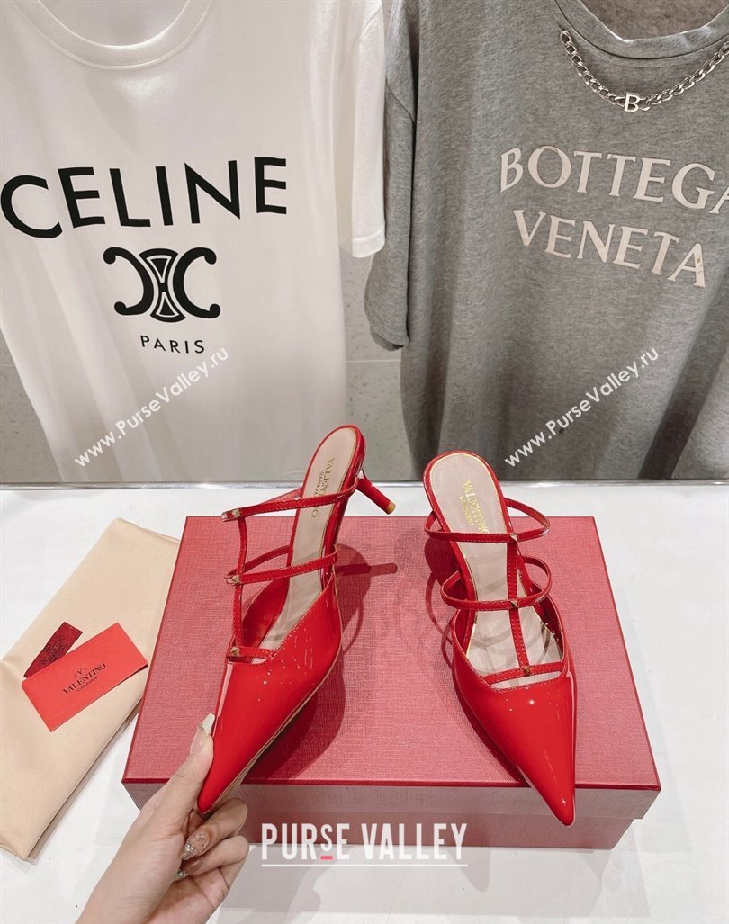 Valentino Rockstud Wispy Patent Calfskin Heel Mules 6cm Red 2024 0429 (MD-240429149)