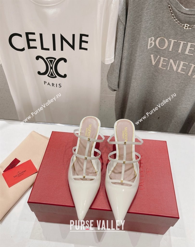 Valentino Rockstud Wispy Patent Calfskin Heel Mules 6cm White 2024 0429 (MD-240429150)