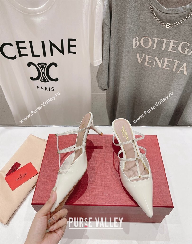 Valentino Rockstud Wispy Patent Calfskin Heel Mules 6cm White 2024 0429 (MD-240429150)