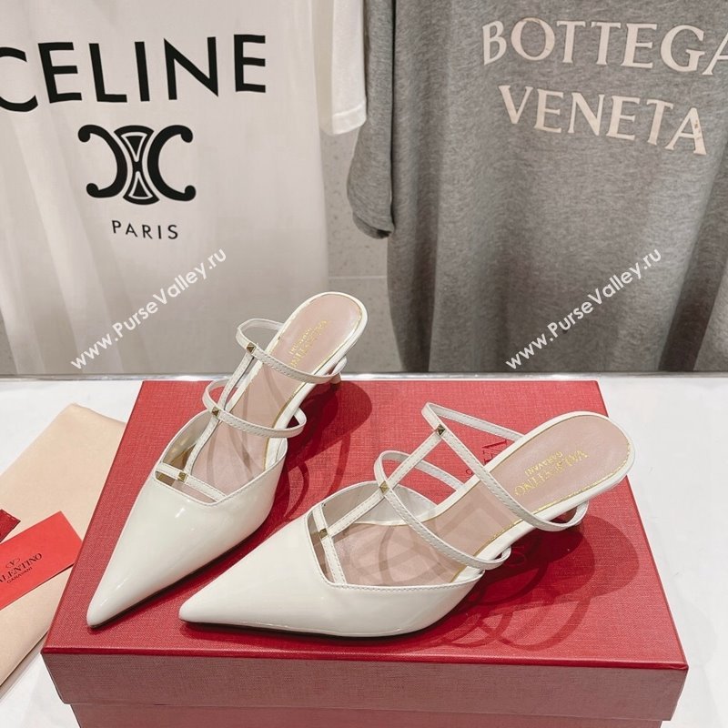 Valentino Rockstud Wispy Patent Calfskin Heel Mules 6cm White 2024 0429 (MD-240429150)