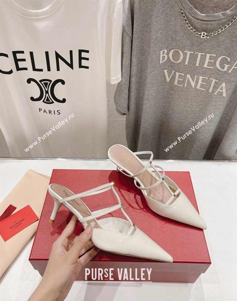 Valentino Rockstud Wispy Patent Calfskin Heel Mules 6cm White 2024 0429 (MD-240429150)
