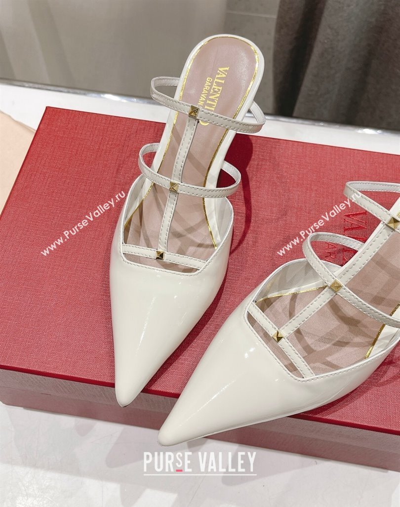 Valentino Rockstud Wispy Patent Calfskin Heel Mules 6cm White 2024 0429 (MD-240429150)