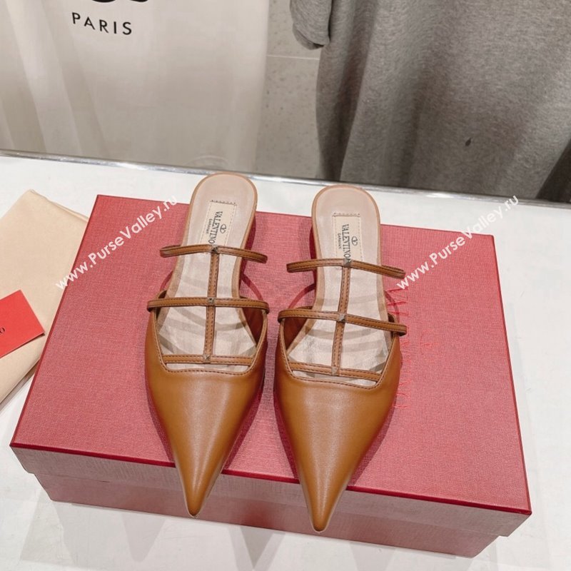 Valentino Rockstud Wispy Calfskin Leather Heel Mules 2.5cm Brown 2024 0429 (MD-240429152)
