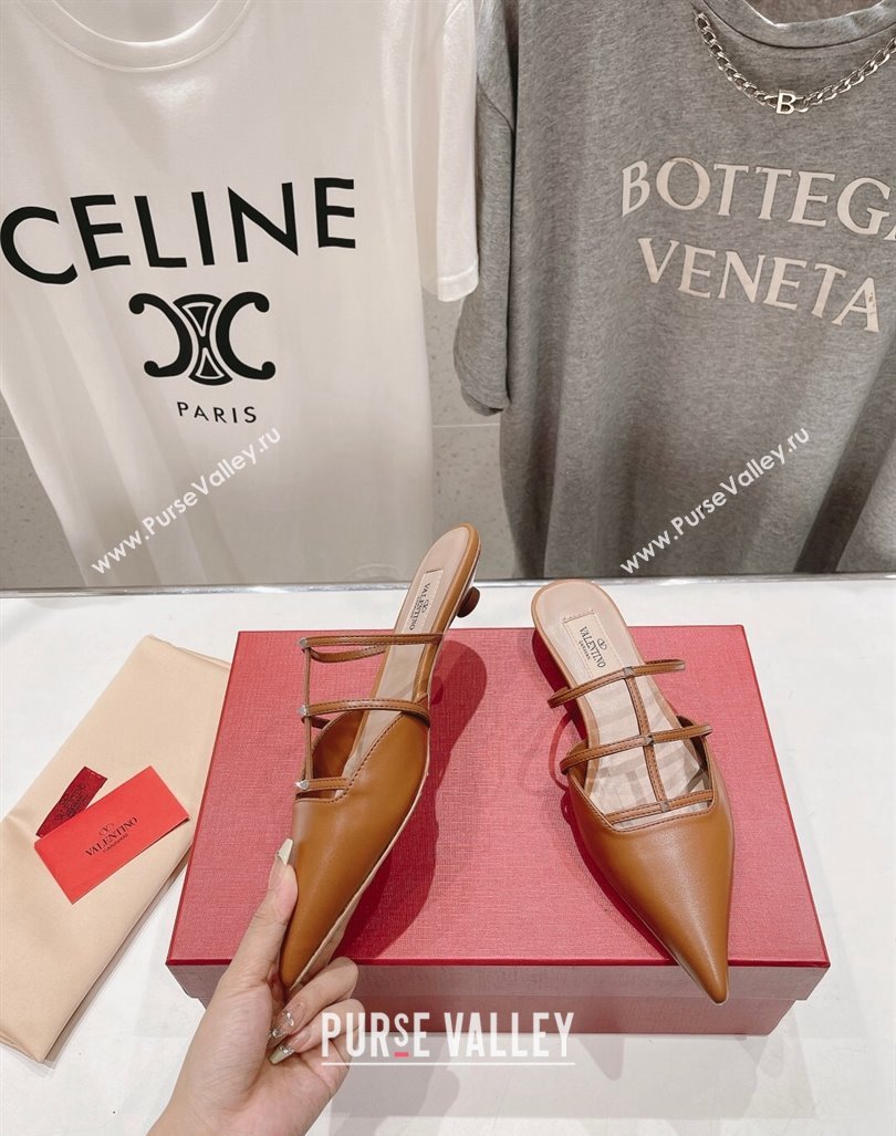 Valentino Rockstud Wispy Calfskin Leather Heel Mules 2.5cm Brown 2024 0429 (MD-240429152)