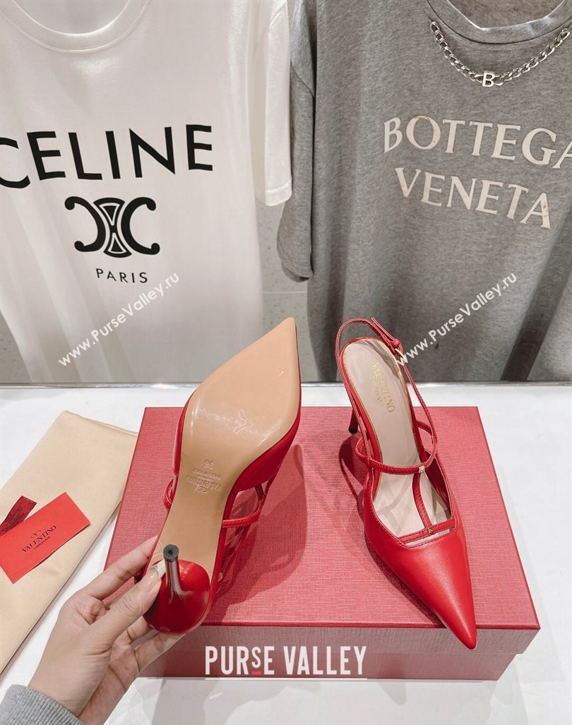 Valentino Rockstud Wispy Calfskin Leather Slingback Pumps 9cm Red 2024 0429 (MD-240429134)