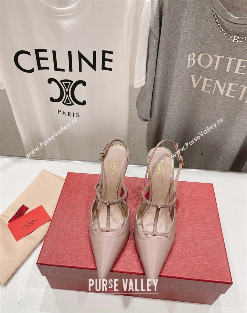 Valentino Rockstud Wispy Calfskin Leather Slingback Pumps 9cm Dusty Pink 2024 0429 (MD-240429135)