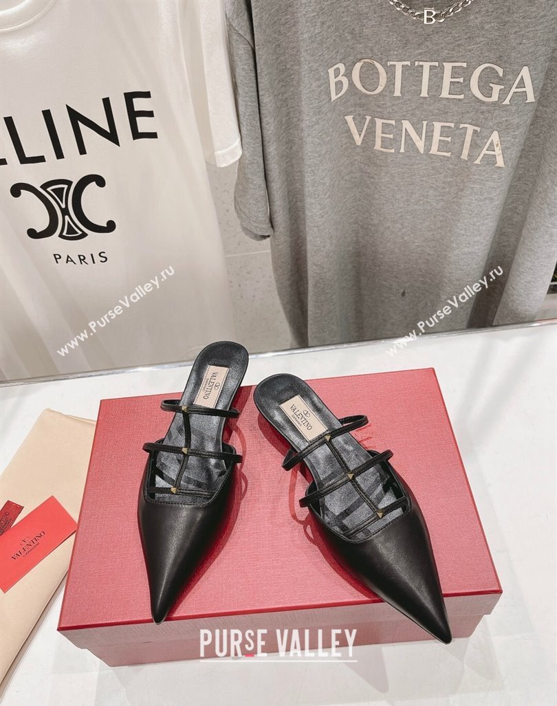 Valentino Rockstud Wispy Calfskin Leather Heel Mules 2.5cm Black 2024 0429 (MD-240429154)