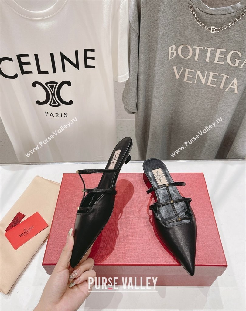 Valentino Rockstud Wispy Calfskin Leather Heel Mules 2.5cm Black 2024 0429 (MD-240429154)