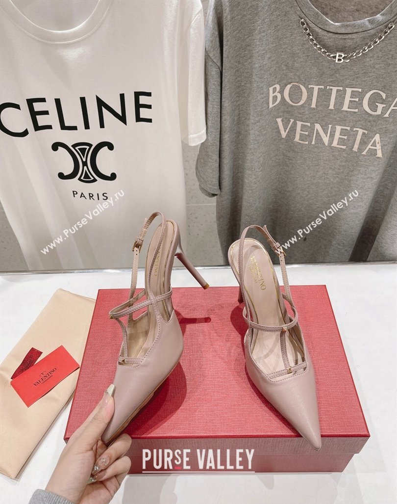 Valentino Rockstud Wispy Calfskin Leather Slingback Pumps 9cm Dusty Pink 2024 0429 (MD-240429135)