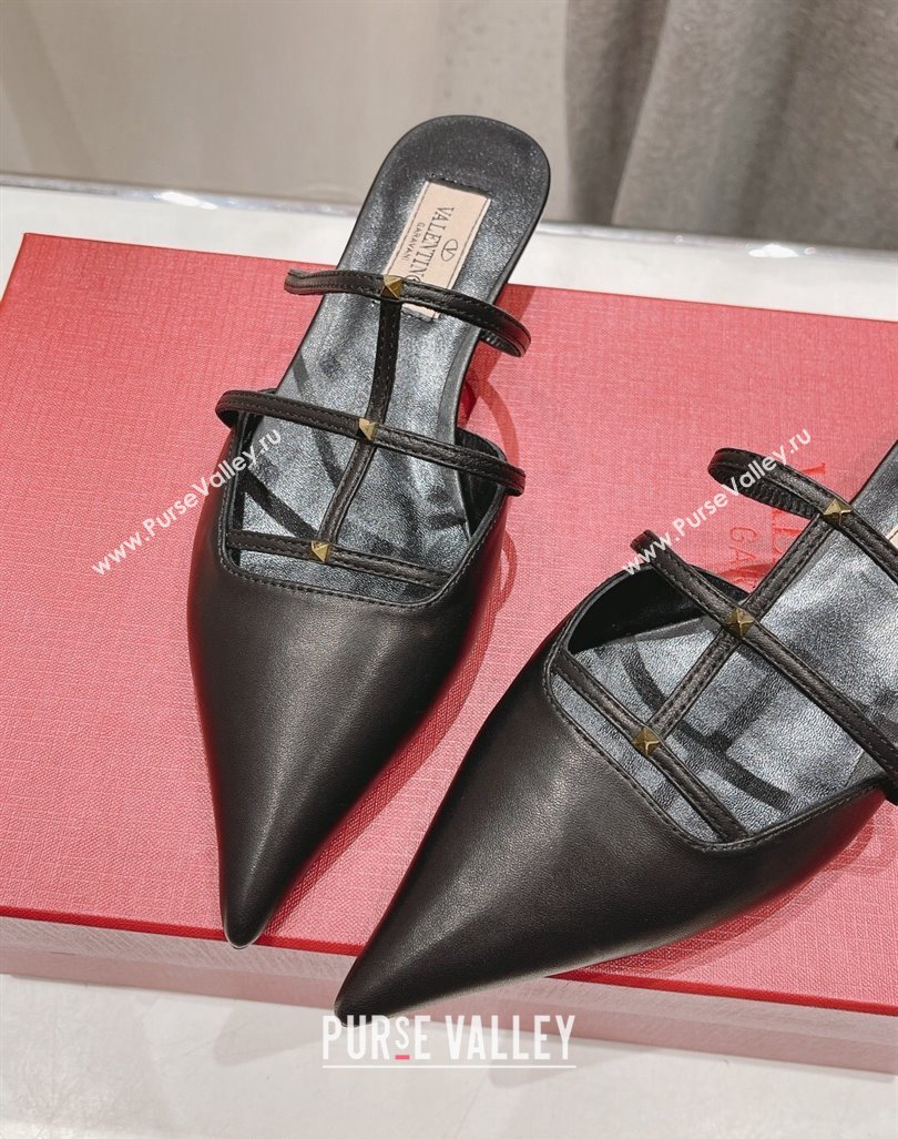 Valentino Rockstud Wispy Calfskin Leather Heel Mules 2.5cm Black 2024 0429 (MD-240429154)