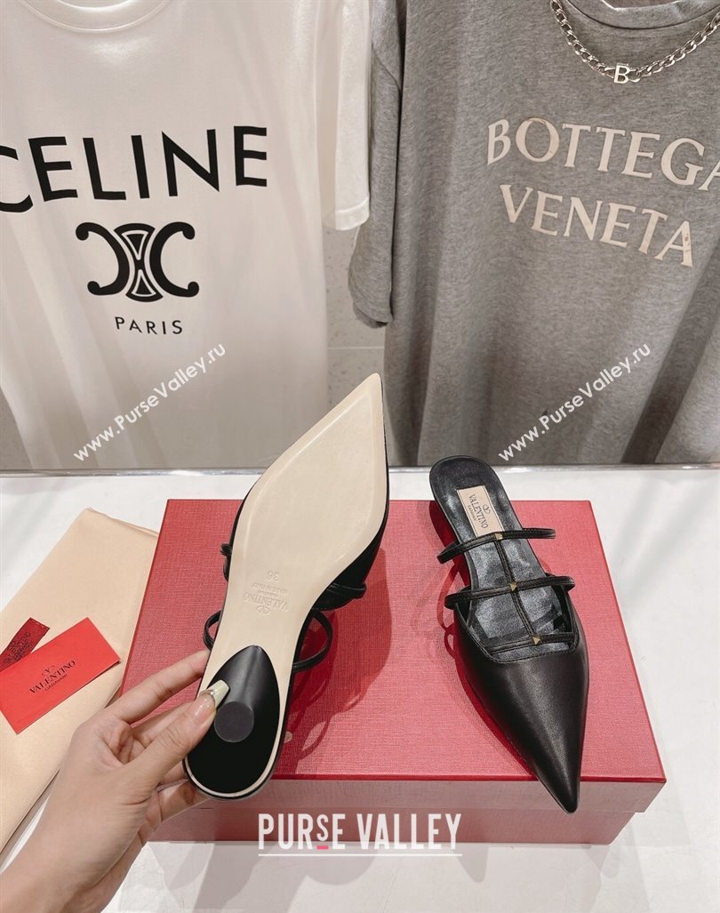 Valentino Rockstud Wispy Calfskin Leather Heel Mules 2.5cm Black 2024 0429 (MD-240429154)