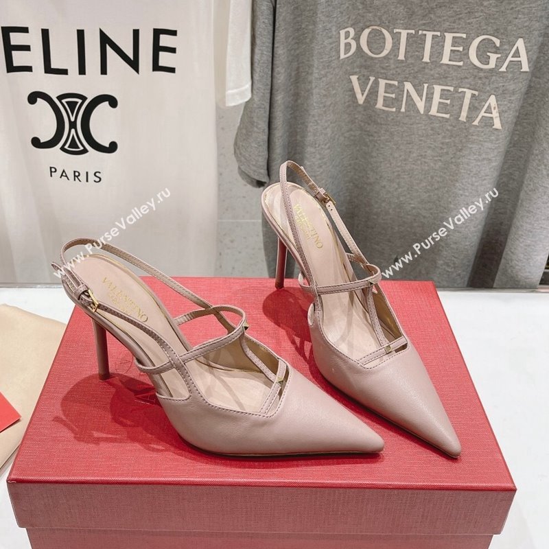 Valentino Rockstud Wispy Calfskin Leather Slingback Pumps 9cm Dusty Pink 2024 0429 (MD-240429135)