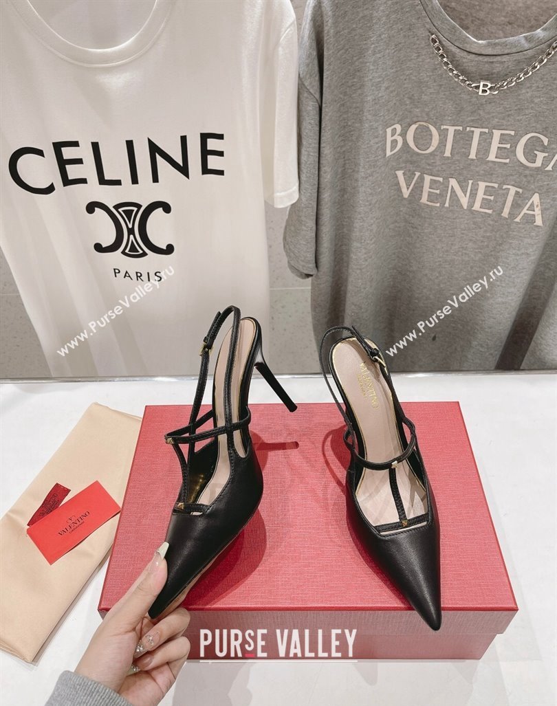 Valentino Rockstud Wispy Calfskin Leather Slingback Pumps 9cm Black 2024 0429 (MD-240429136)