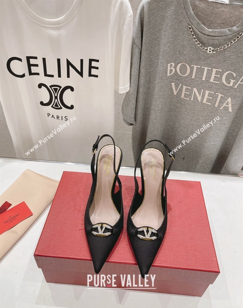 Valentino The Bold Edition VLogo Satin Slingback Pumps 9cm with Strass Black 2024 0429 (MD-240429168)