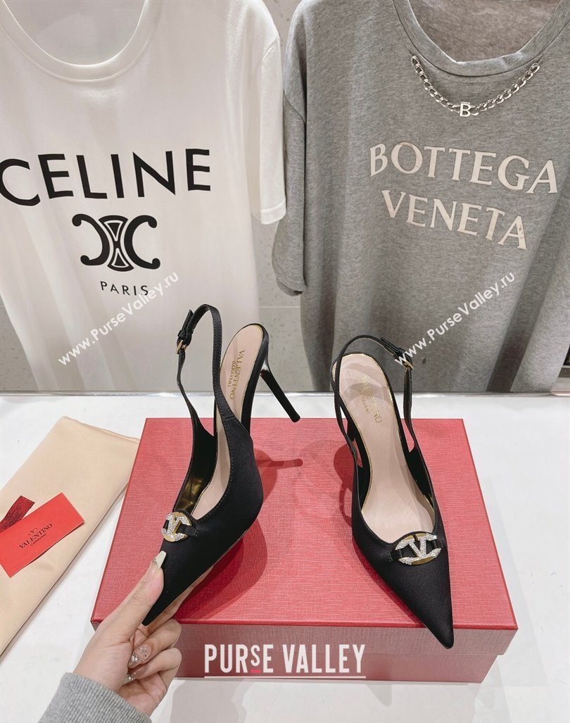 Valentino The Bold Edition VLogo Satin Slingback Pumps 9cm with Strass Black 2024 0429 (MD-240429168)