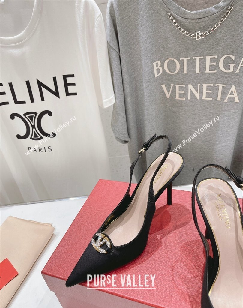 Valentino The Bold Edition VLogo Satin Slingback Pumps 9cm with Strass Black 2024 0429 (MD-240429168)