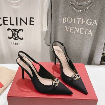 Valentino The Bold Edition VLogo Satin Slingback Pumps 9cm with Strass Black 2024 0429 (MD-240429168)