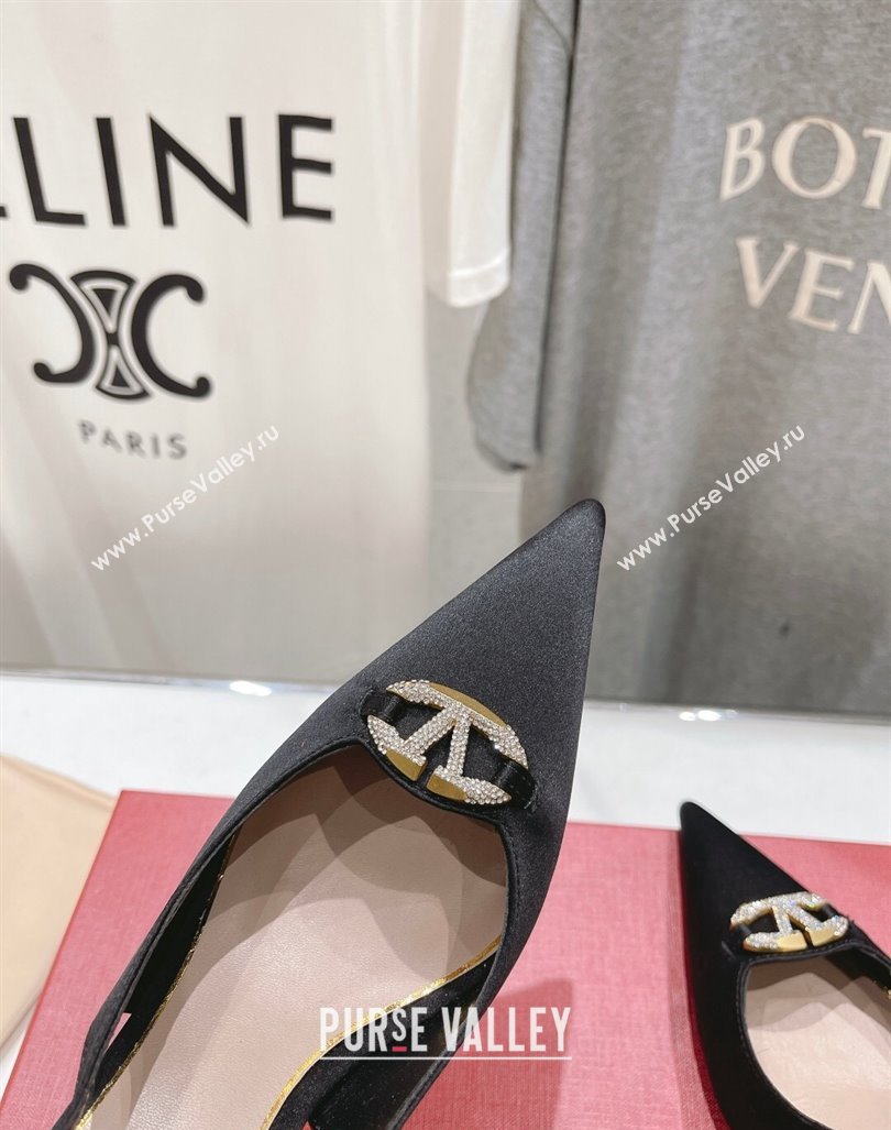 Valentino The Bold Edition VLogo Satin Slingback Pumps 9cm with Strass Black 2024 0429 (MD-240429168)