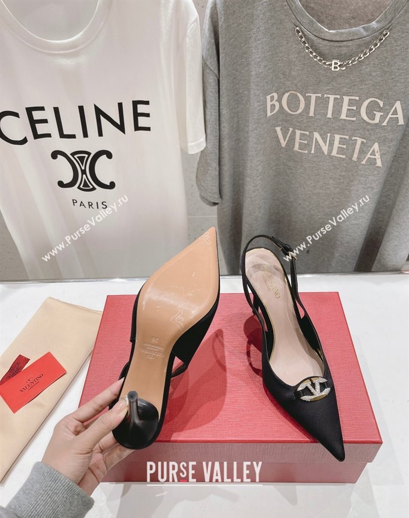 Valentino The Bold Edition VLogo Satin Slingback Pumps 9cm with Strass Black 2024 0429 (MD-240429168)