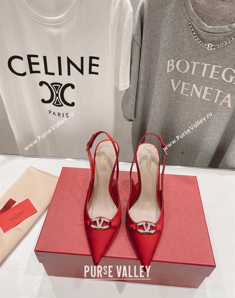 Valentino The Bold Edition VLogo Satin Slingback Pumps 9cm with Strass Red 2024 0429 (MD-240429170)