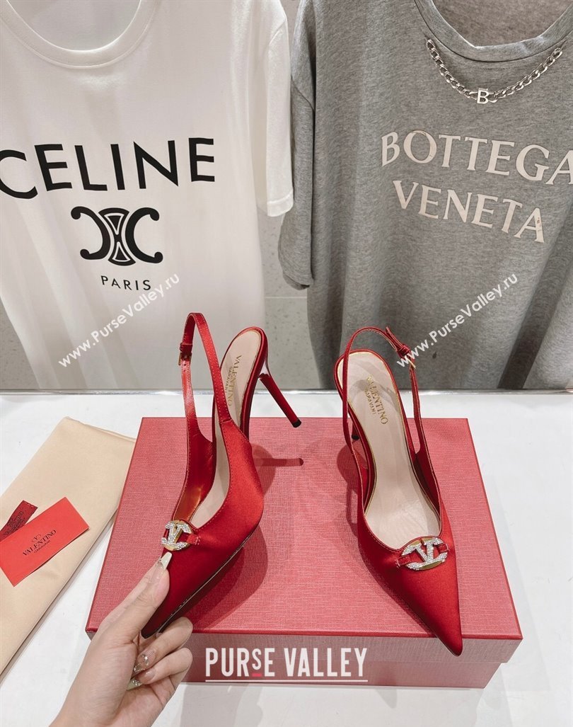 Valentino The Bold Edition VLogo Satin Slingback Pumps 9cm with Strass Red 2024 0429 (MD-240429170)