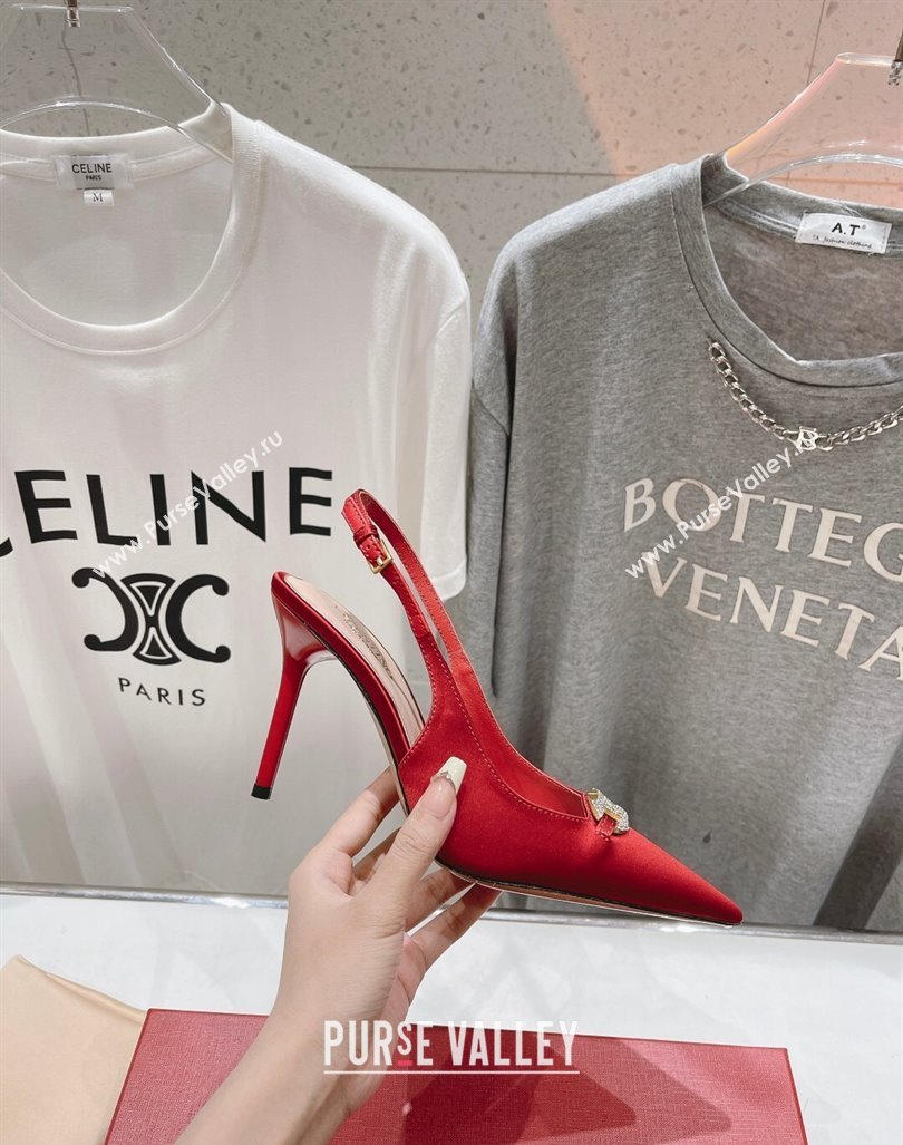 Valentino The Bold Edition VLogo Satin Slingback Pumps 9cm with Strass Red 2024 0429 (MD-240429170)