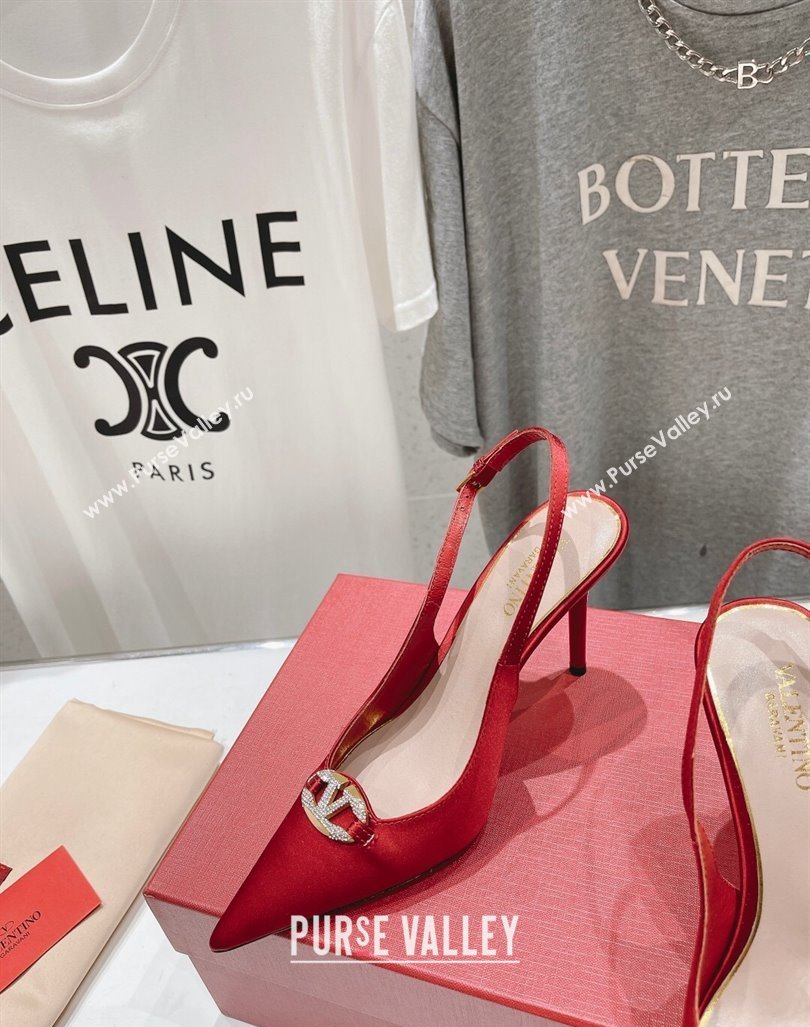 Valentino The Bold Edition VLogo Satin Slingback Pumps 9cm with Strass Red 2024 0429 (MD-240429170)