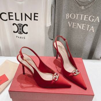 Valentino The Bold Edition VLogo Satin Slingback Pumps 9cm with Strass Red 2024 0429 (MD-240429170)