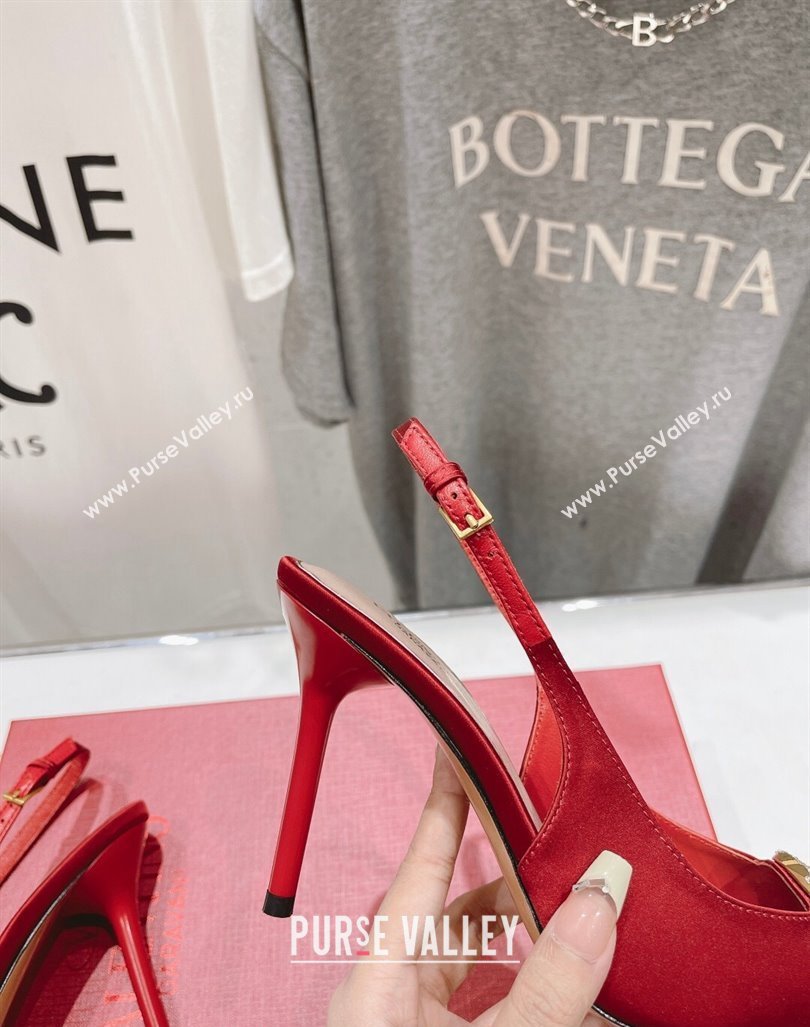 Valentino The Bold Edition VLogo Satin Slingback Pumps 9cm with Strass Red 2024 0429 (MD-240429170)