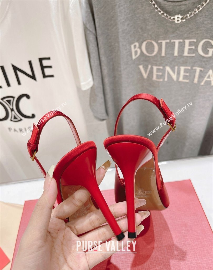 Valentino The Bold Edition VLogo Satin Slingback Pumps 9cm with Strass Red 2024 0429 (MD-240429170)