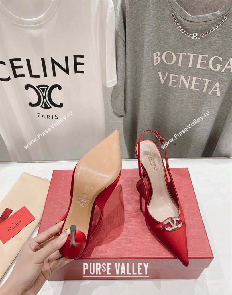 Valentino The Bold Edition VLogo Satin Slingback Pumps 9cm with Strass Red 2024 0429 (MD-240429170)