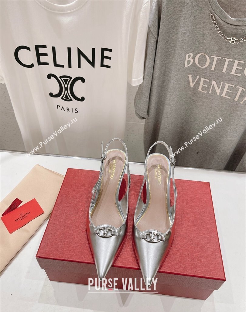 Valentino The Bold Edition VLogo Calfskin Slingback Pumps 6cm Silver 2024 0429 (MD-240429175)