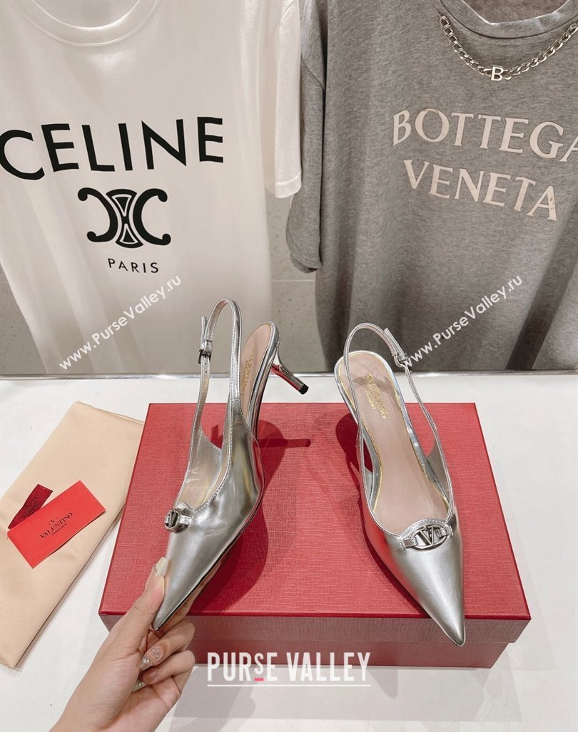 Valentino The Bold Edition VLogo Calfskin Slingback Pumps 6cm Silver 2024 0429 (MD-240429175)