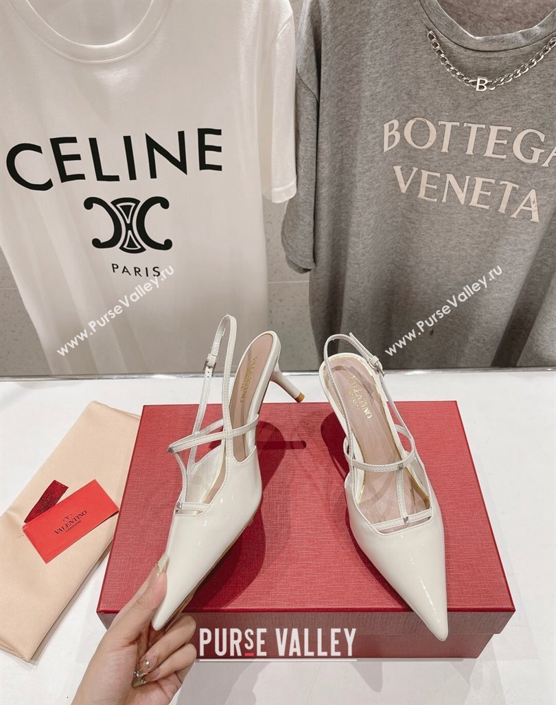 Valentino Rockstud Wispy Patent Calfskin Slingback Pumps 6cm White 2024 0429 (MD-240429137)