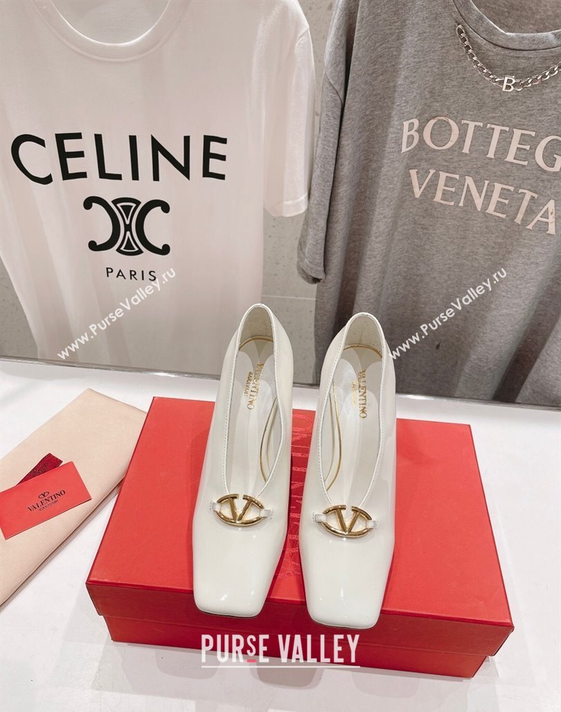 Valentino The Bold Edition VLogo Square Pumps 9.5cm in Patent Calfskin White 2024 (MD-240429178)